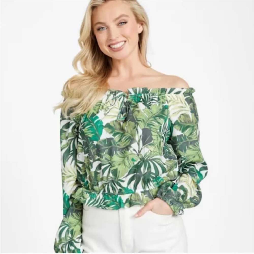 Guess Gallia Off The Shoulder Tropical Long Sleeve Top Size Large Beach Vacation